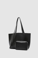 Minimalist Black Faux Leather Tote Bag - Image 3
