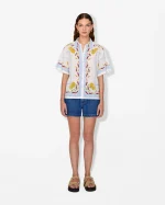 Embroidered Linen-Cotton Short-Sleeve Blouse
