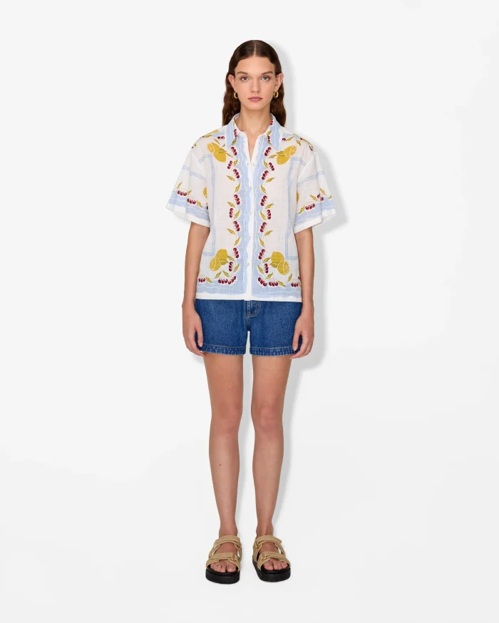 Embroidered Linen-Cotton Short-Sleeve Blouse - Image 1